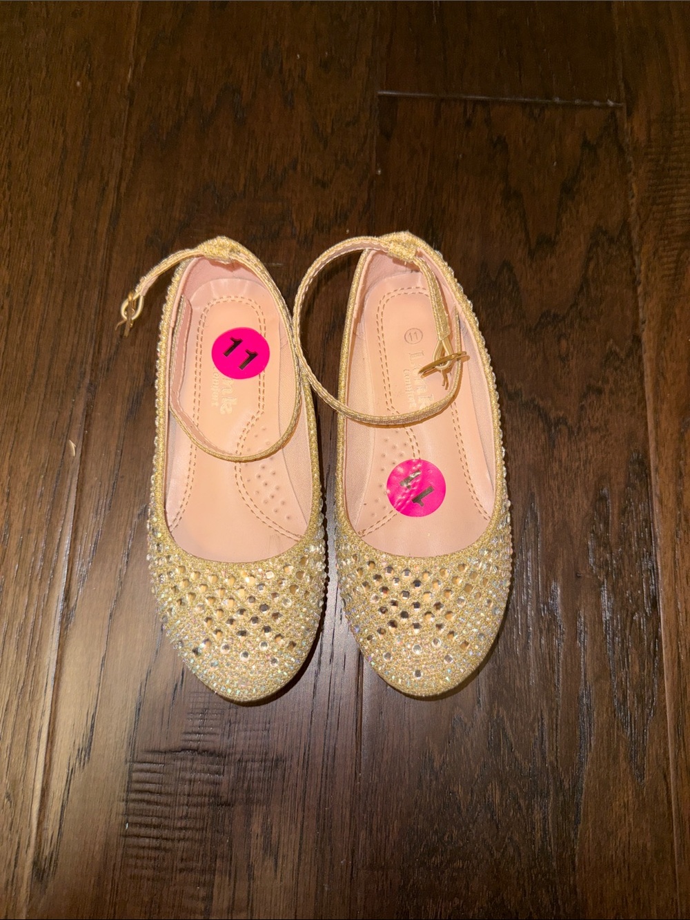 Girls Gold Glitter Rhinestone Ankle-Strap Flats